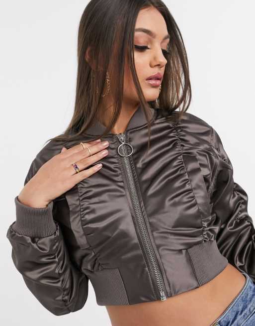 HUGO - Cropped satin bomber jacket with ruched sleeves