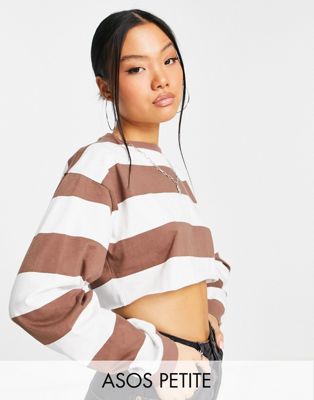 ASOS DESIGN Petite super crop tee with long sleeve cuff detail and contrast stitch in stripe