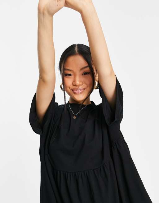 asos design super oversized frill sleeve smock dress ASOS DESIGN Petite super oversized frill sleeve smock dress in black
