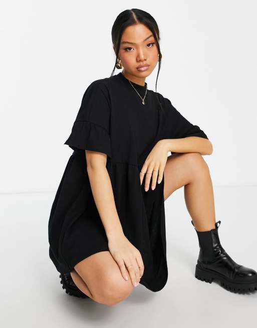 ASOS DESIGN Petite super oversized frill sleeve smock dress in black ASOS