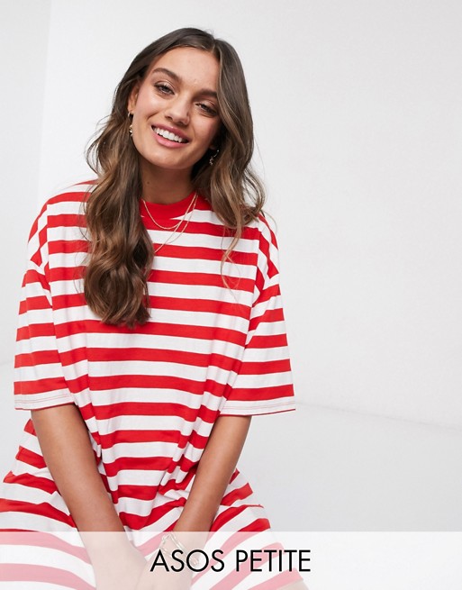 ASOS DESIGN Petite super oversized t-shirt dress in red and white stripe