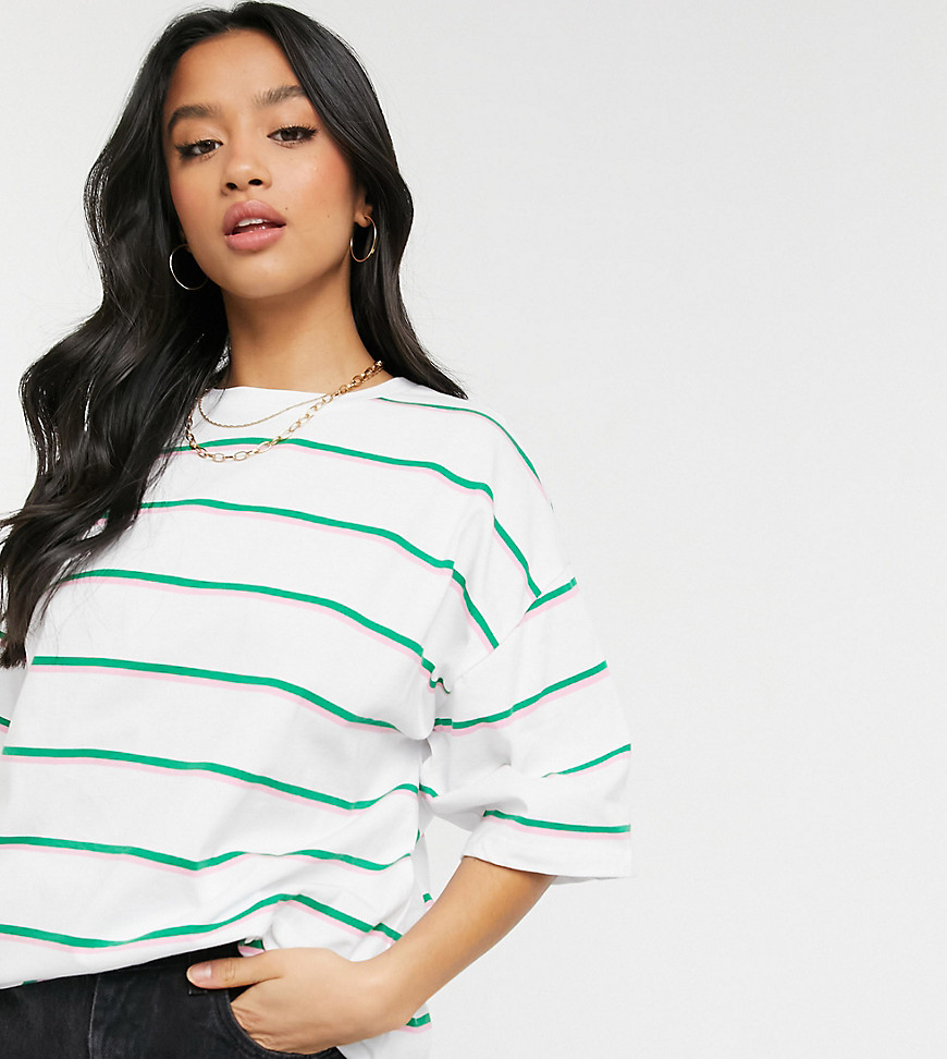 ASOS DESIGN Petite super oversized t-shirt with mixed stripe in white pink and green-Multi