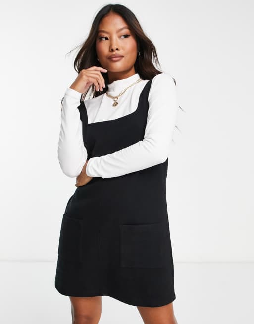 ASOS DESIGN Petite super soft 2 in 1 square neck pinny mini jumper dress in black and white