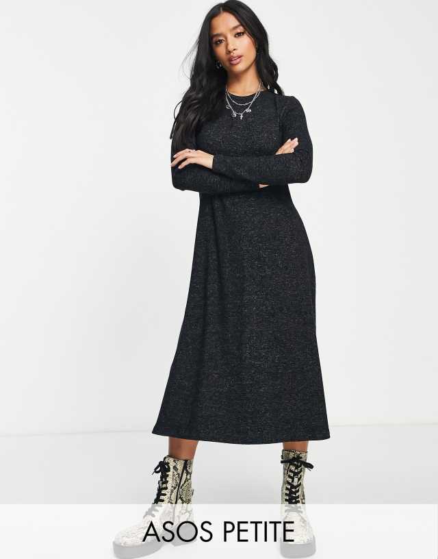 ASOS DESIGN Petite super soft long sleeve midi swing dress in charcoal