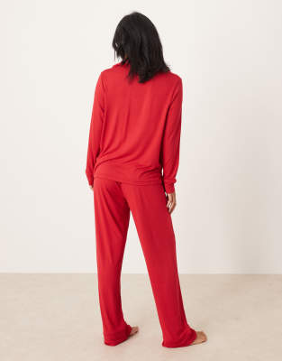Asos Petite Asos Design Petite Super Soft Long Sleeve Shirt & Pants Pajama Set In Red