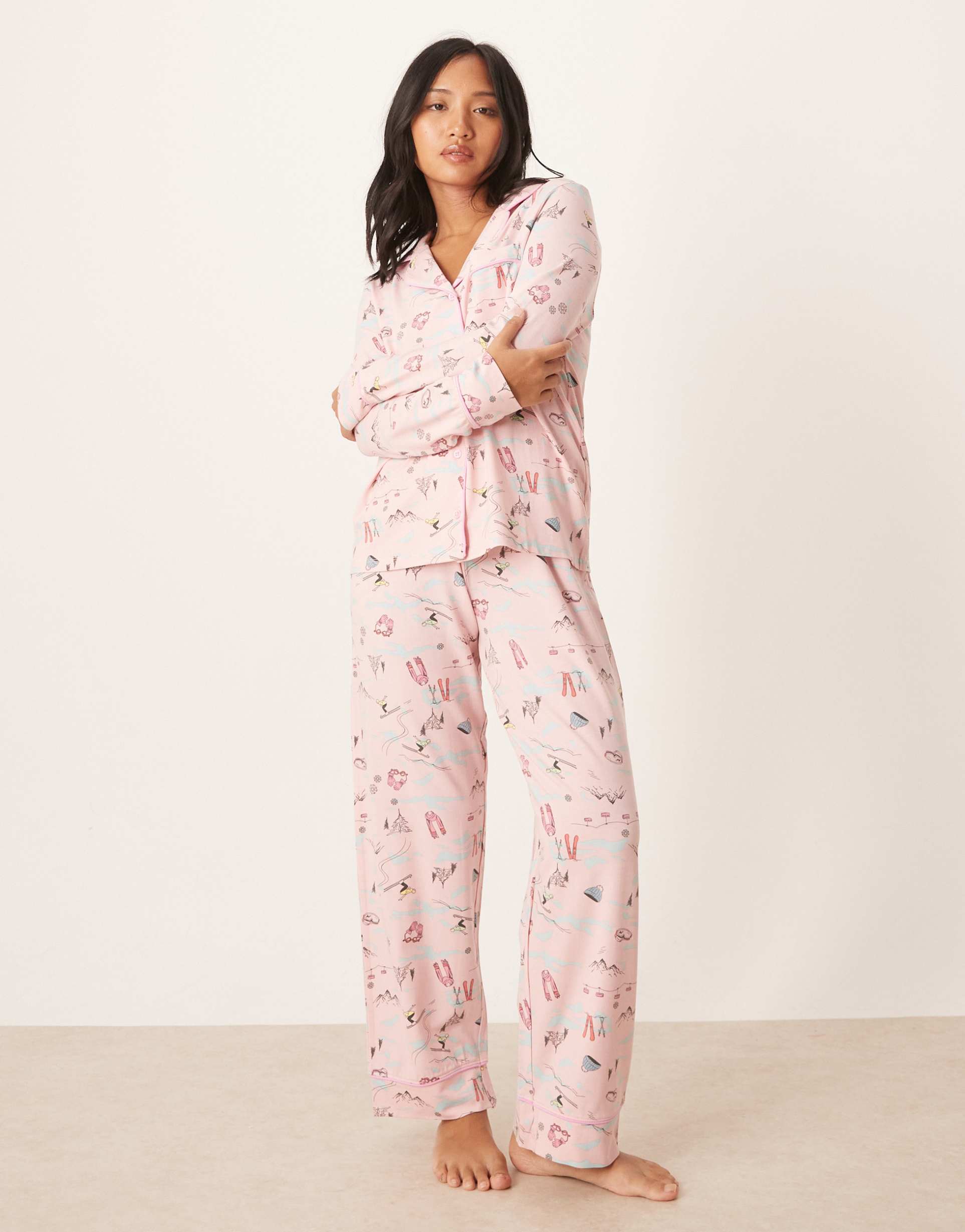 asos design petite super soft long sleeve shirt & pants pajama set with contrast piping in ski print