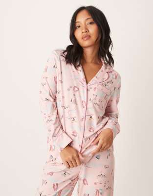 Asos Petite Asos Design Petite Super Soft Long Sleeve Shirt & Pants Pajama Set With Contrast Piping In Multi