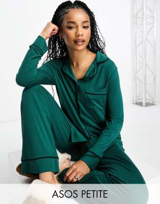 ASOS DESIGN Petite super soft long sleeve shirt trouser pyjama set with contrast piping in green ASOS