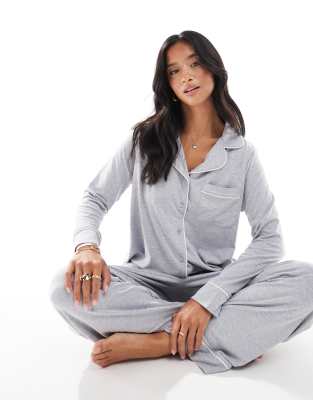 ASOS DESIGN Petite super soft long sleeve shirt & trouser pyjama set with contrast piping in grey