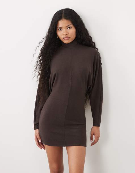 ASOS DESIGN Petite supersoft drape batwing mini dress in chocolate - view 1
