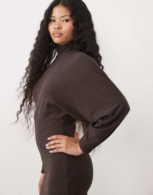 ASOS DESIGN Petite supersoft drape batwing mini dress in chocolate, 3 of 4