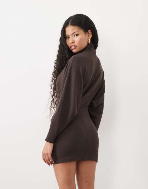 ASOS DESIGN Petite supersoft drape batwing mini dress in chocolate, 4 of 4