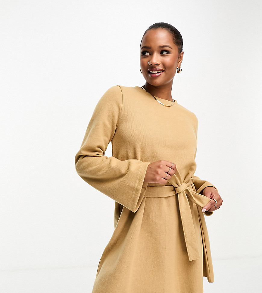 ASOS DESIGN Petite supersoft flare sleeve jumper swing mini dress with belt in camel - BROWN