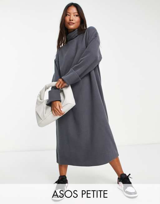 ASOS DESIGN Petite - Superzachte midi trui jurk met omgeslagen col in antraciet