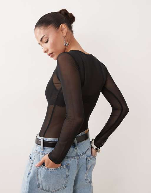 ASOS DESIGN Petite – Svart body i glittrig mesh med långa ärmar, 4 av 4