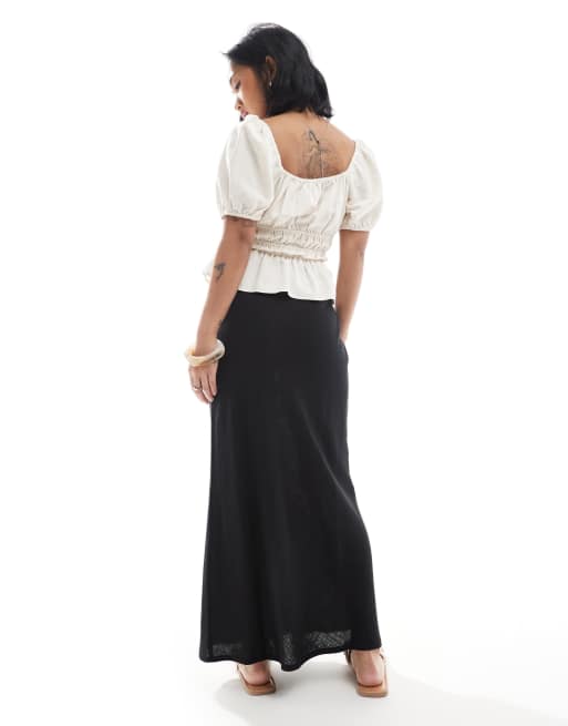 ASOS DESIGN Petite – Svart, diagonalskuren maxikjol i linnemix, 4 av 5