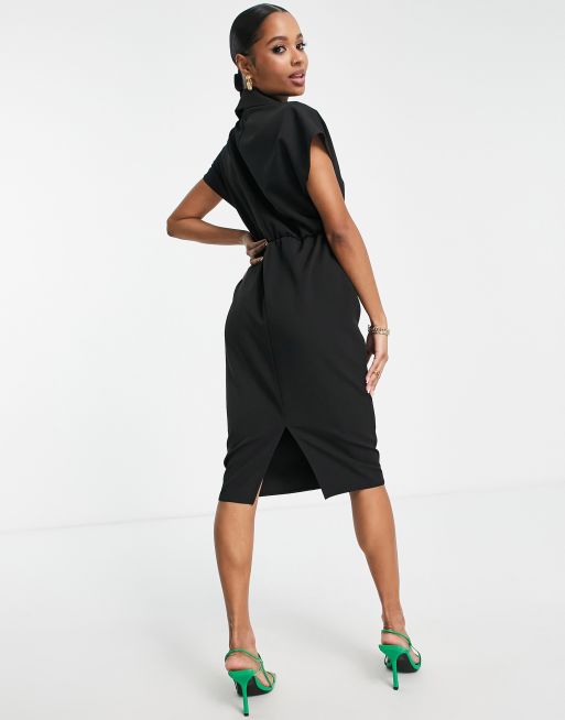 ASOS DESIGN Petite – Svart midiklänning i omlottdesign med snurrad knut och krage , 2 av 4