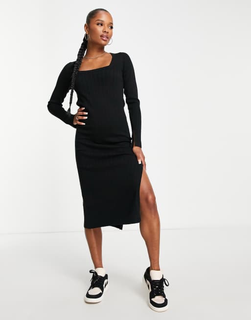 ASOS DESIGN Petite – Svart stickad midiklänning med fyrkantig ringning , 4 av 4