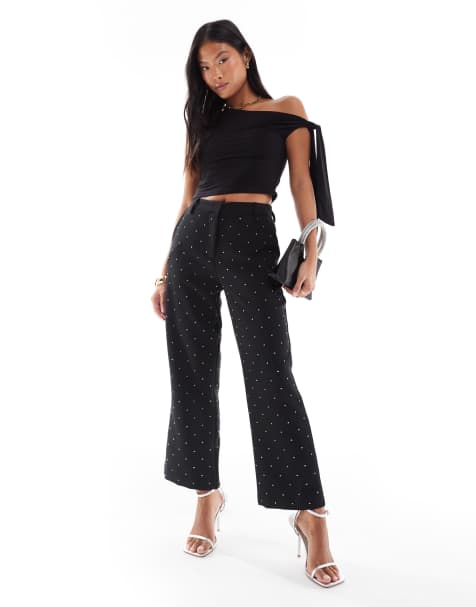 ASOS DESIGN Petite – Svarta, ankellånga, figursydda byxor med strass - view 1