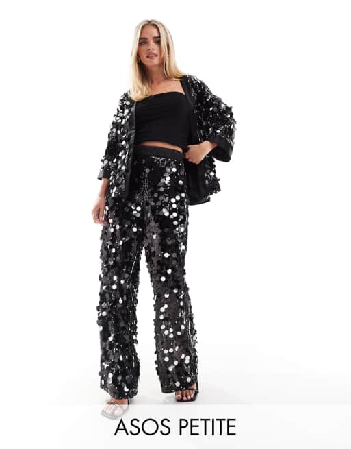 ASOS DESIGN Petite – Svarta, figursydda byxor i discostil med paljetter