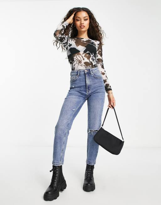 ASOS DESIGN Petite – Svartvit långärmad body i mesh med blommor , 4 av 4