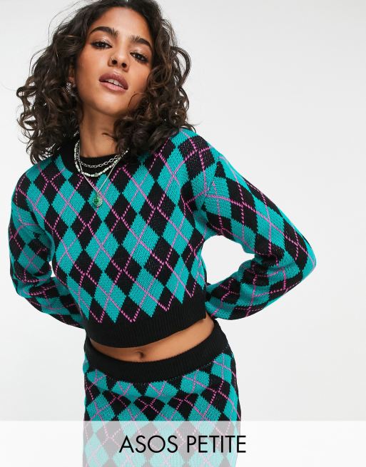 ASOS DESIGN Petite sweater in argyle pattern in green -set