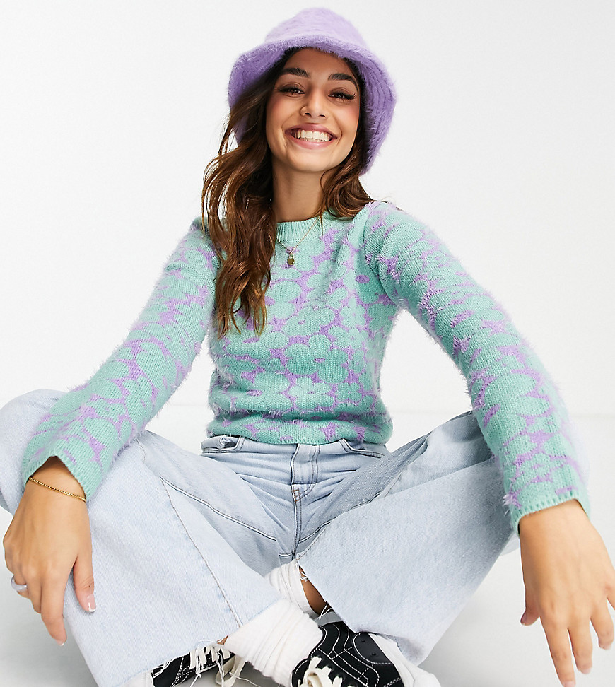 ASOS DESIGN Petite sweater in floral pattern in fluffy yarn-Green
