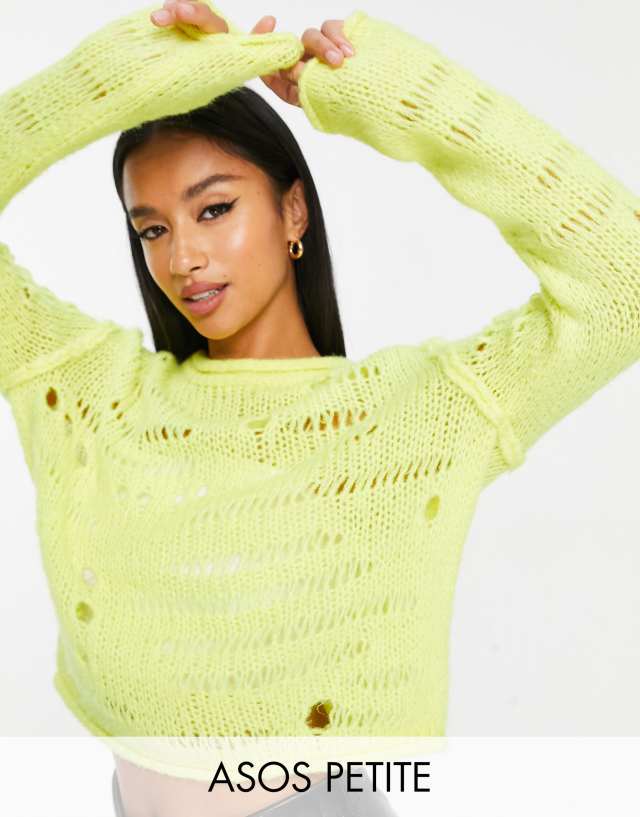 ASOS DESIGN Petite sweater in fluffy yarn with distressed stitch in lime