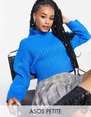 ASOS DESIGN Petite sweater in mini cable with high neck in cobalt blue