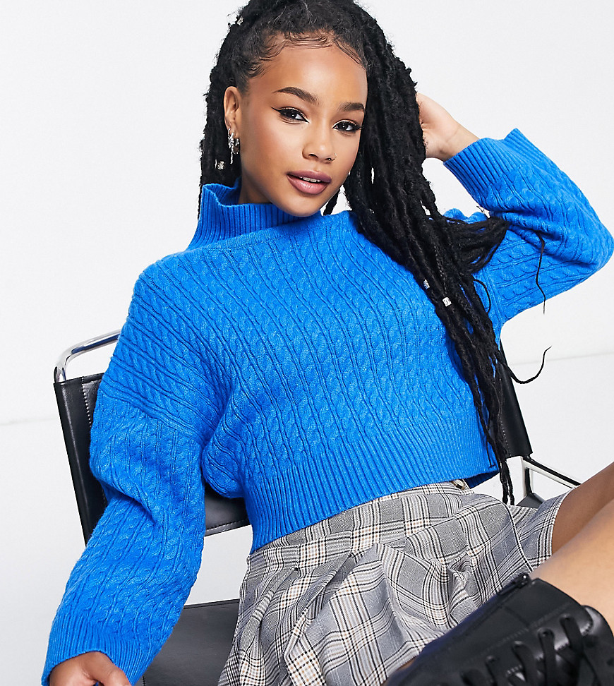 ASOS DESIGN Petite sweater in mini cable with high neck in cobalt blue