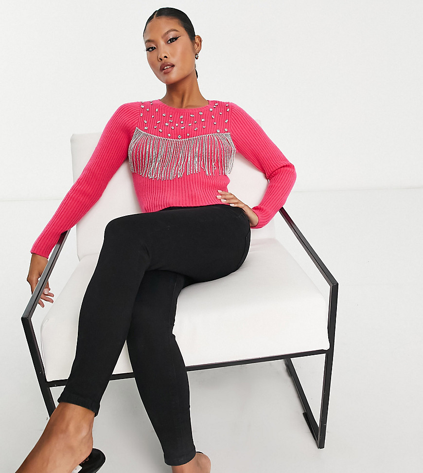 Asos Petite Asos Design Petite Sweater With Embellished Stones And Fringe Detail In Pink