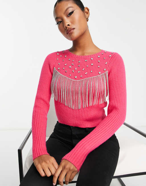 ASOS Design Petite Sweater with Embellished Stones and Fringe Detail in Pink