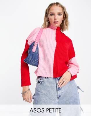 ASOS DESIGN Petite sweater with high neck in color block in pink and red-Multi