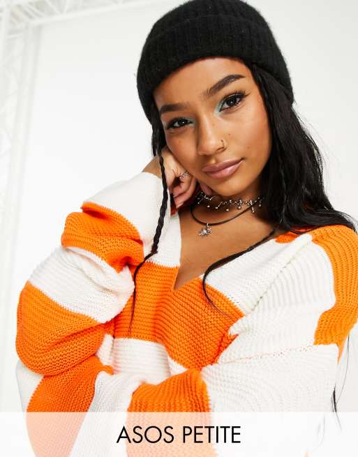 ASOS DESIGN Petite sweater with open collar in textured orange stripe