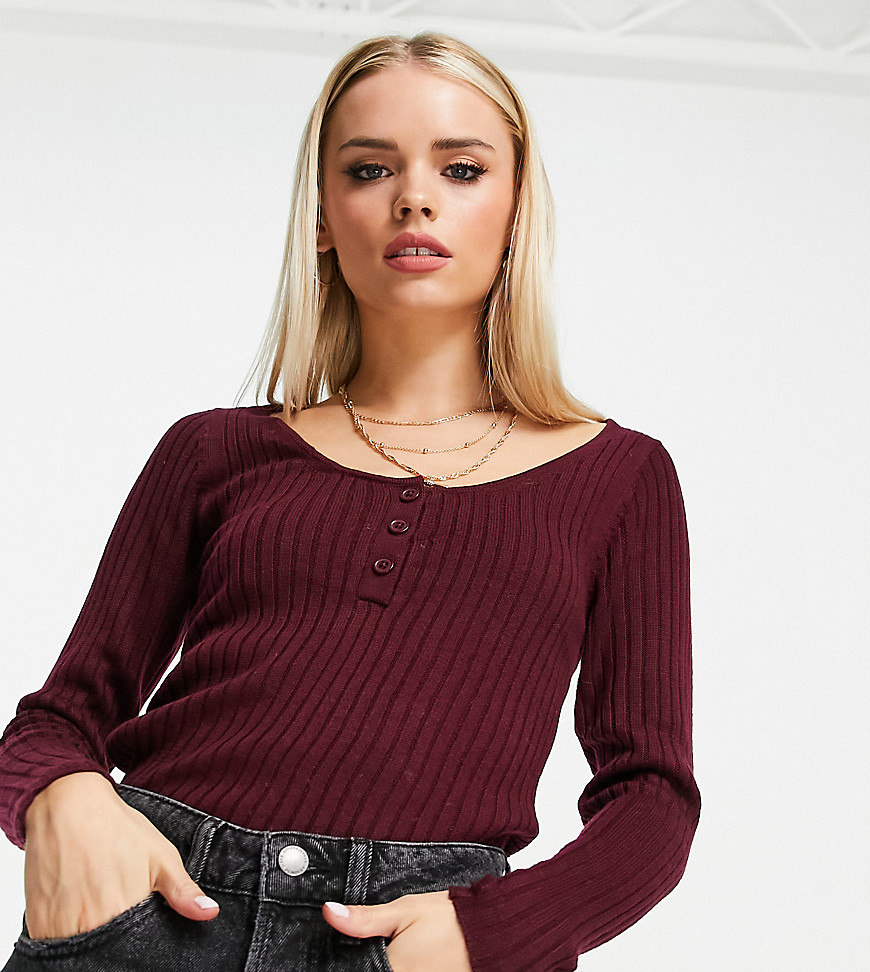 ASOS DESIGN Petite sweater with scoop neck and button placket in dark red