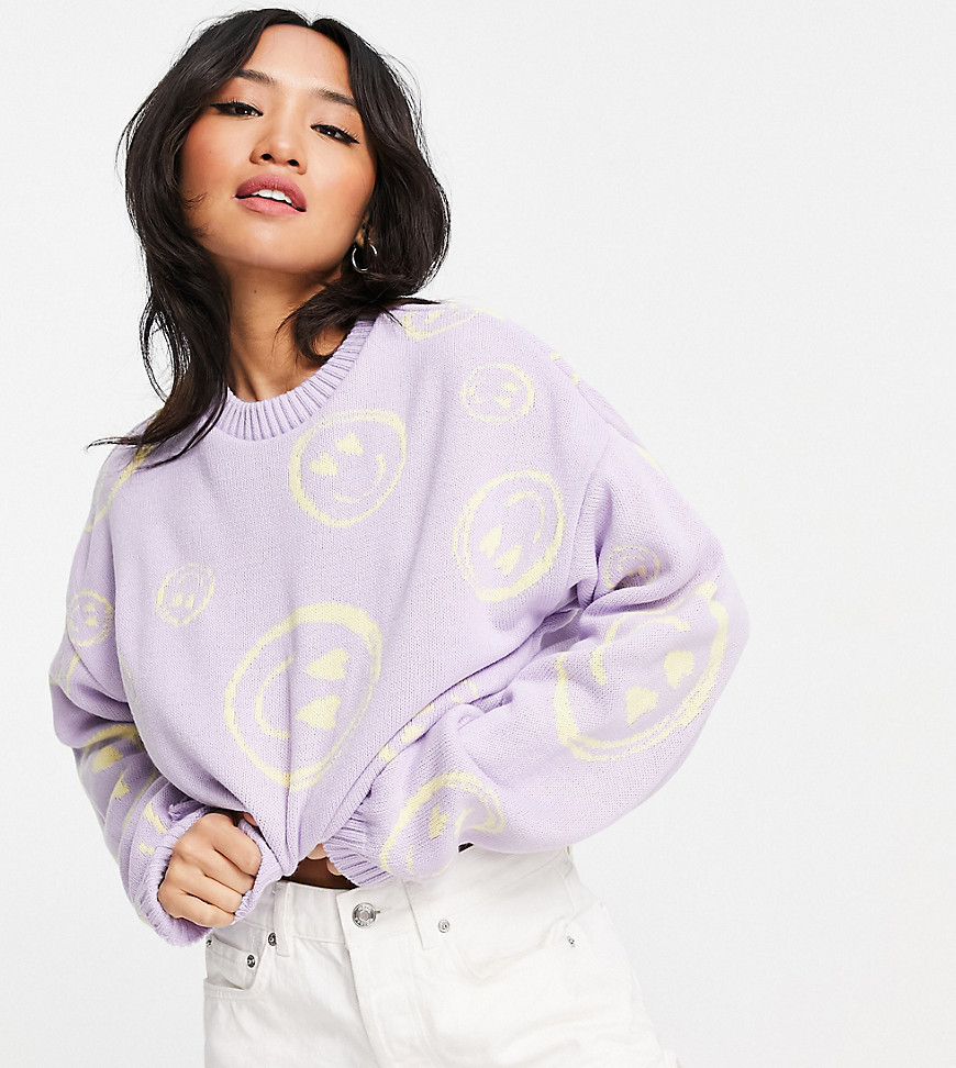 Asos Petite Asos Design Petite Crewneck Sweater With Smile Face Pattern In Lilac-purple