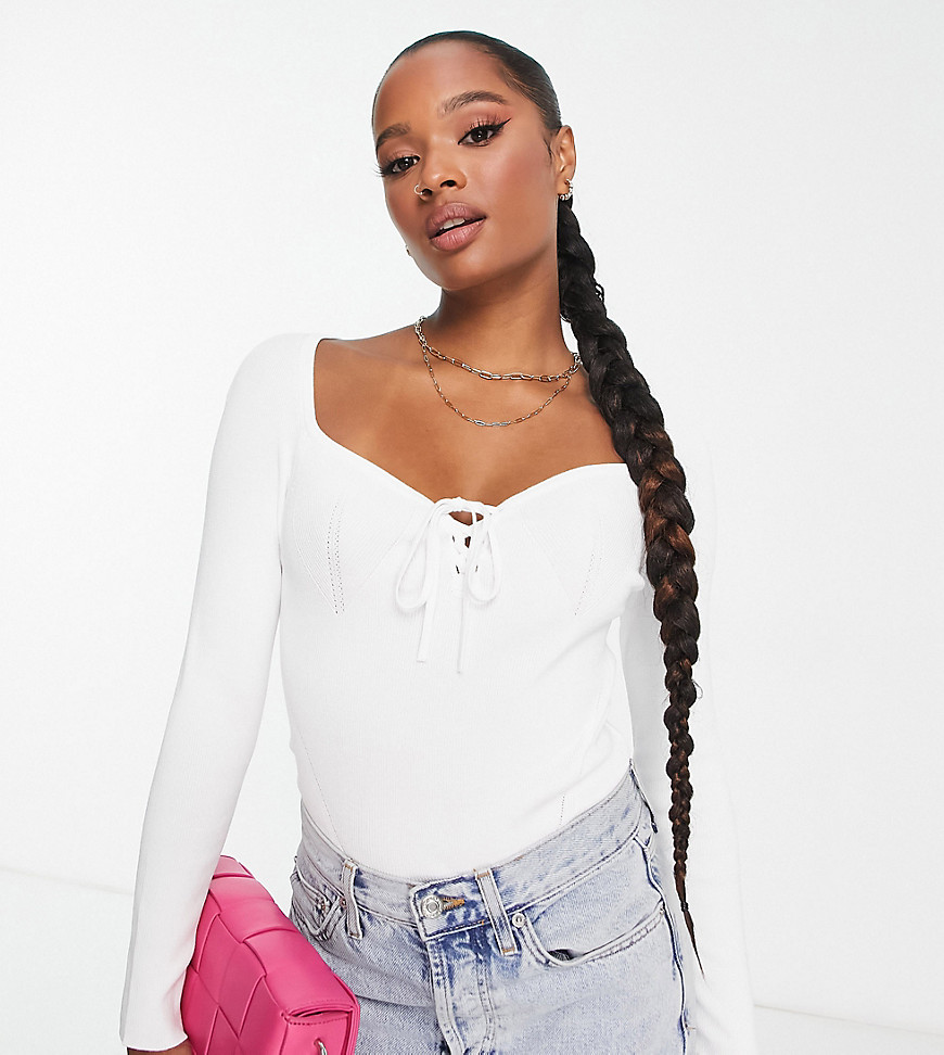 Asos Petite Asos Design Petite Sweater With Sweetheart Neck And Lace Up Front Detail In White