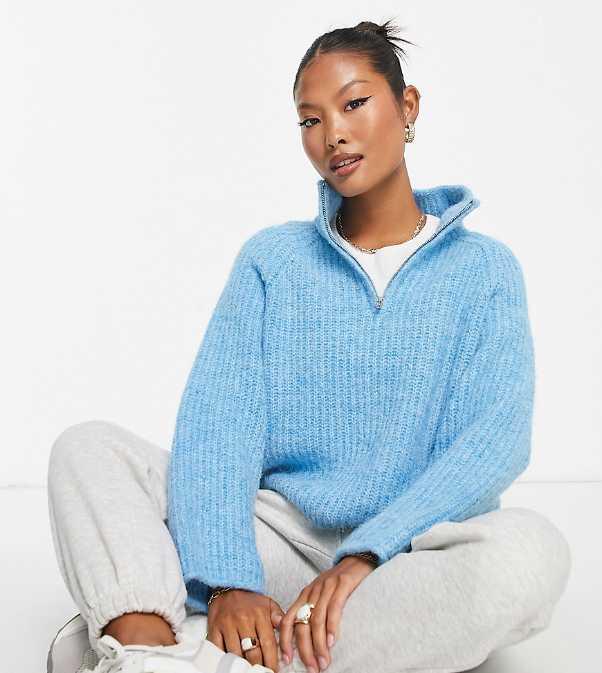 ASOS DESIGN Petite sweater with zip collar in fluffy yarn in cobalt blue