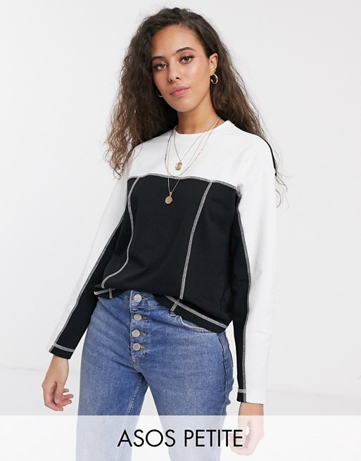ASOS DESIGN Petite sweatshirt in colourblock with flat lock seams