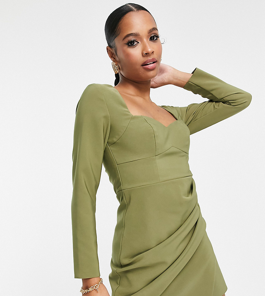 ASOS DESIGN Petite sweetheart neck mini dress with ruched wrap skirt in pale khaki-Green