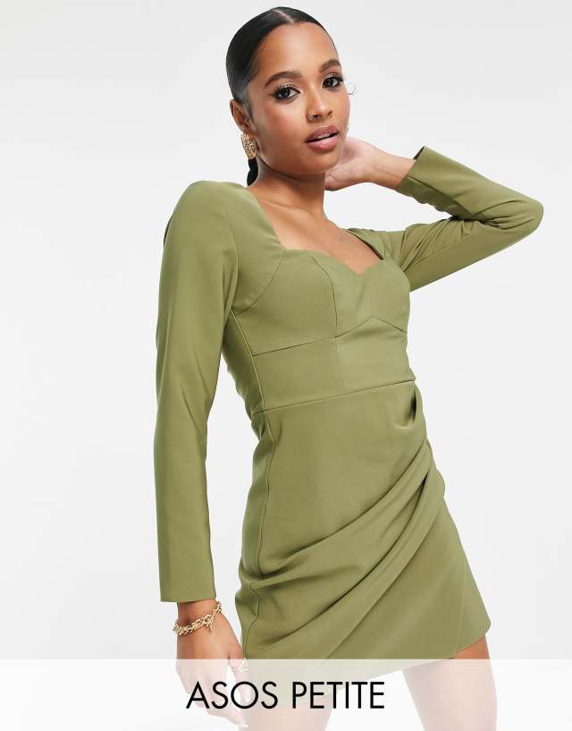 ASOS DESIGN Petite sweetheart neck mini dress with ruched wrap skirt in pale khaki