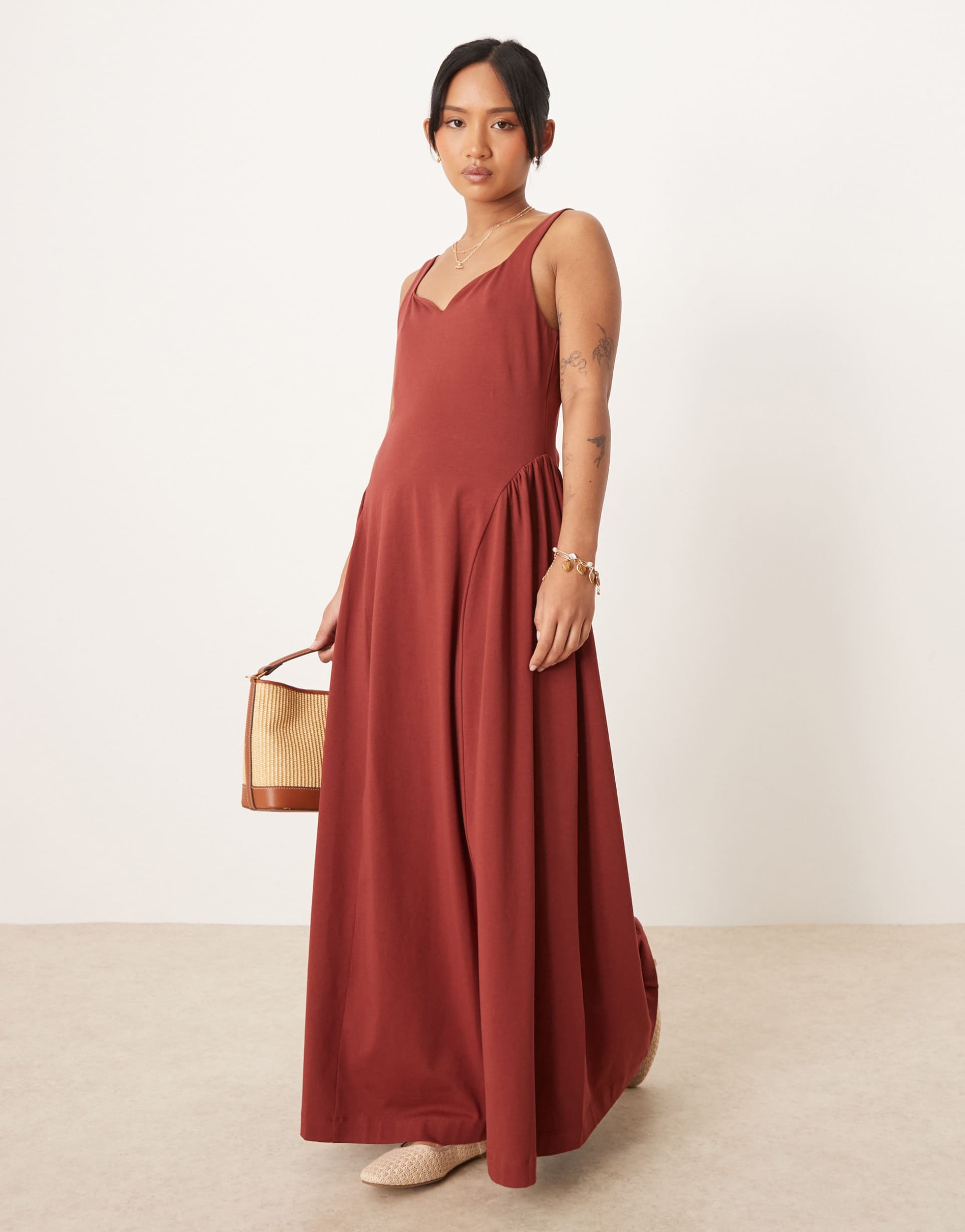 asos design petite sweetheart neckline midi dress in rust