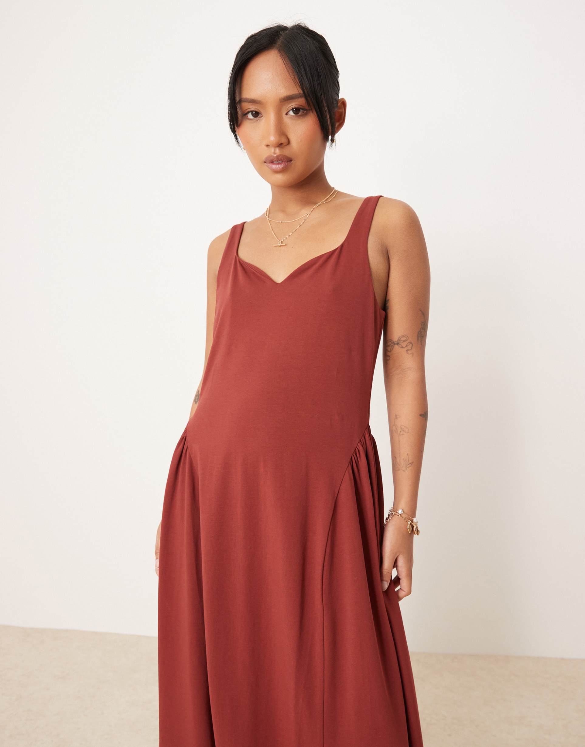 asos design petite sweetheart neckline midi dress in rust