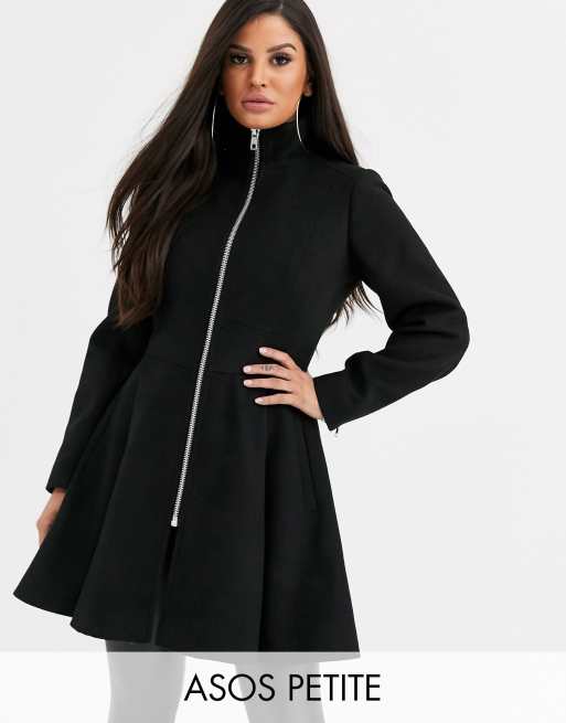 ASOS DESIGN Petite swing coat with zip front detail in black | ASOS