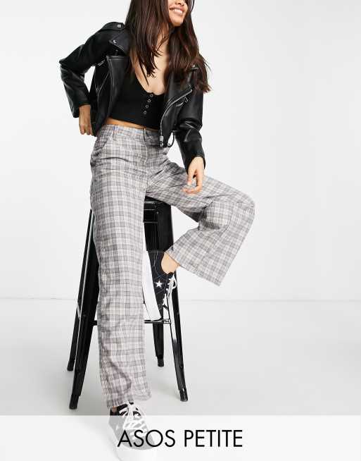 ASOS DESIGN Petite – Szare luźne spodnie w kratę z prostymi nogawkami