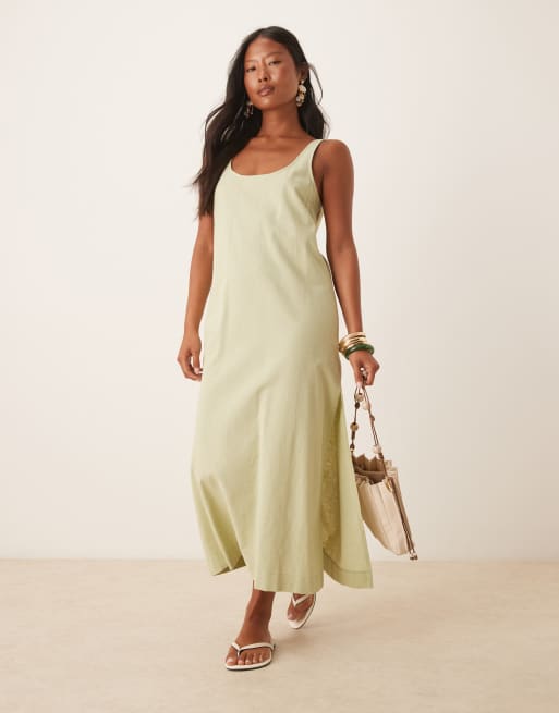 ASOS DESIGN Petite – Szałwiowa sukienka midi z mieszanki bawełny i lnu dekoltem w kształcie litery U