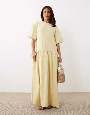 ASOS DESIGN Petite T-shirt drop waist midi dress in buttermilk-Yellow