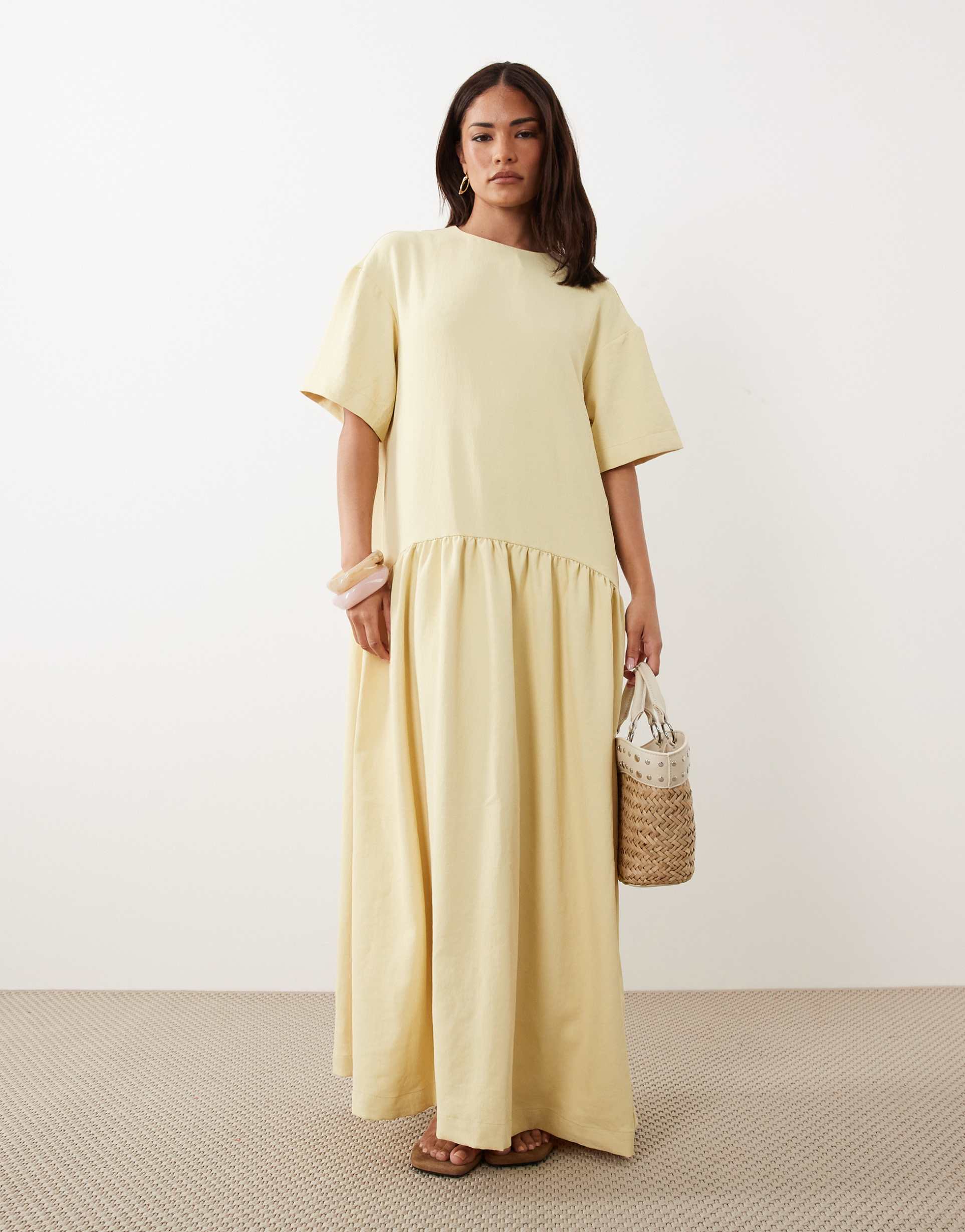 asos design petite t-shirt drop waist midi dress in buttermilk