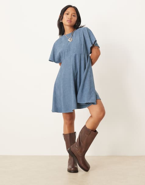 ASOS DESIGN Petite – T-Shirt-Minikleid aus Cord in Schieferblau mit Ziernähten - view 1