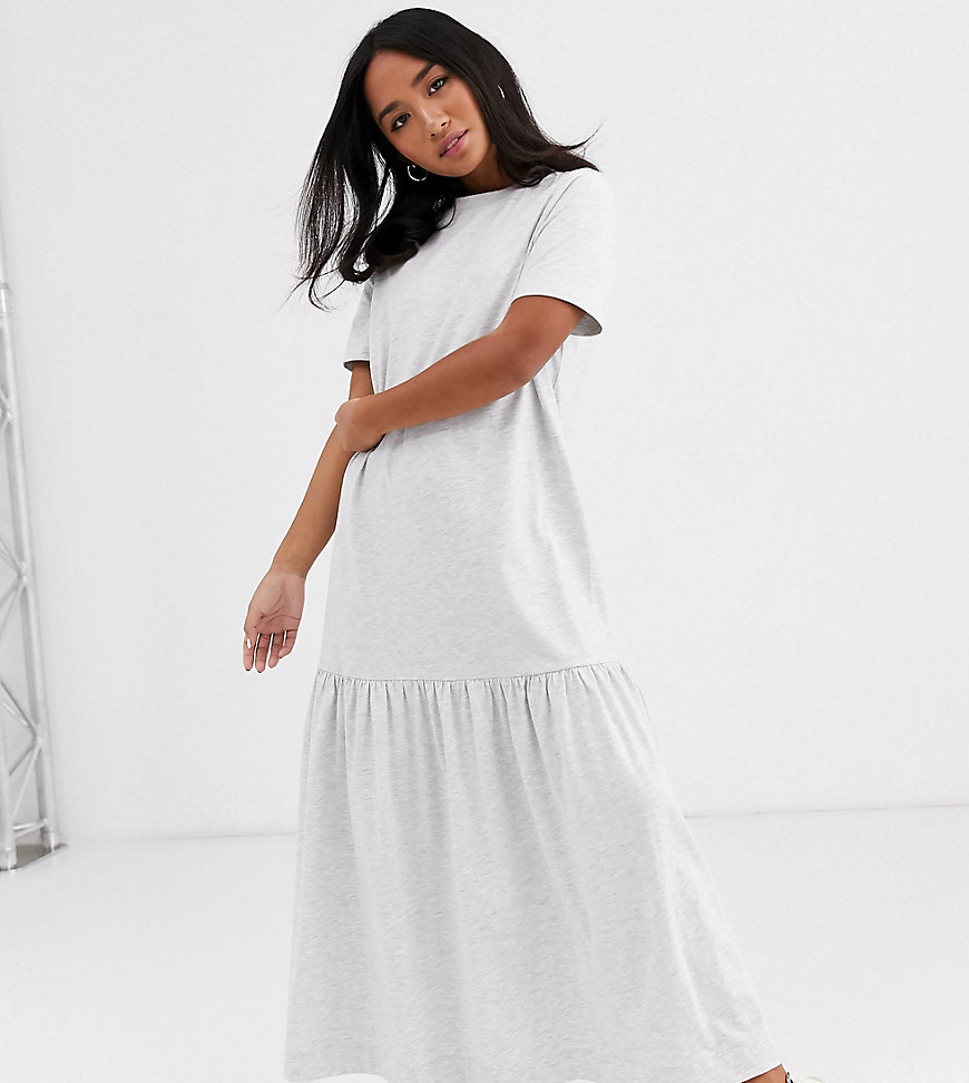 ASOS DESIGN Petite t-shirt tiered maxi dress with dropped hem in grey marl